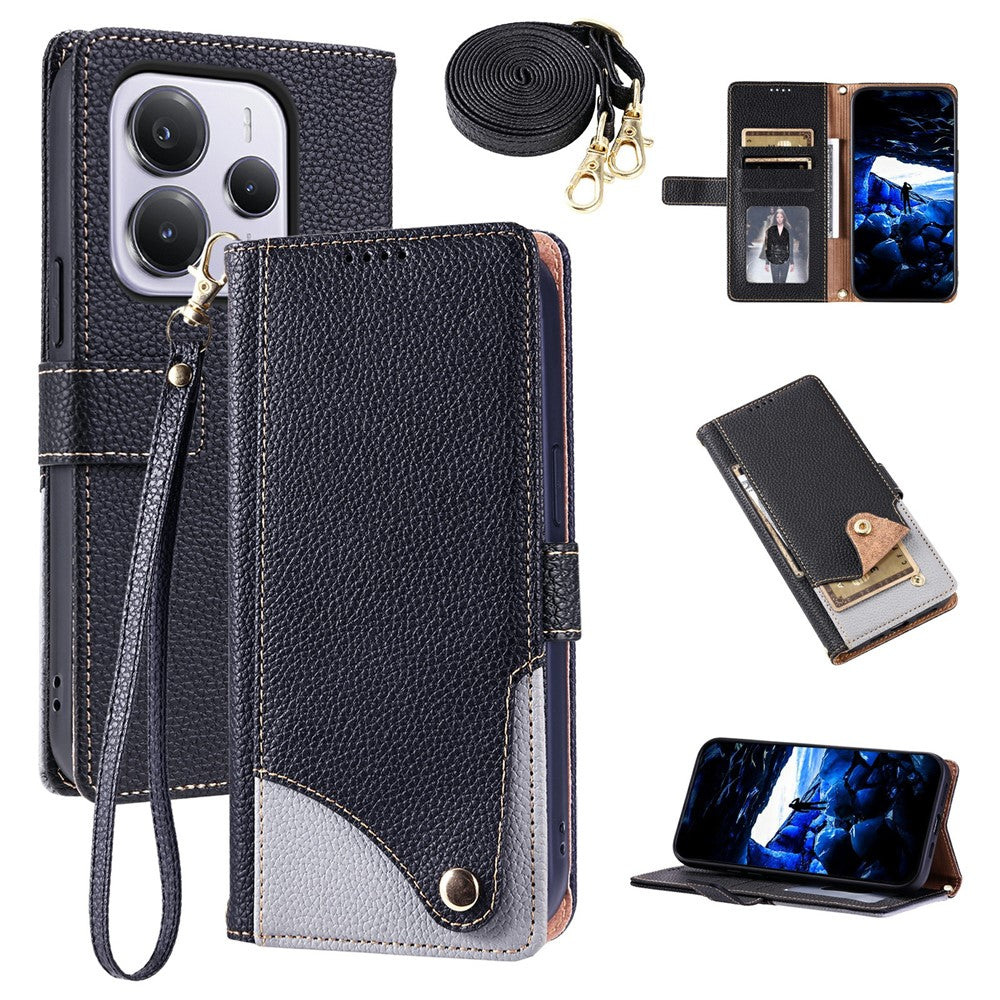 For Xiaomi Redmi Note 14 5G  /  Poco M7 Pro 5G Leather Case with Wrist Strap and Shoulder Strap Dual Color Multi Card Slots Phone Cover