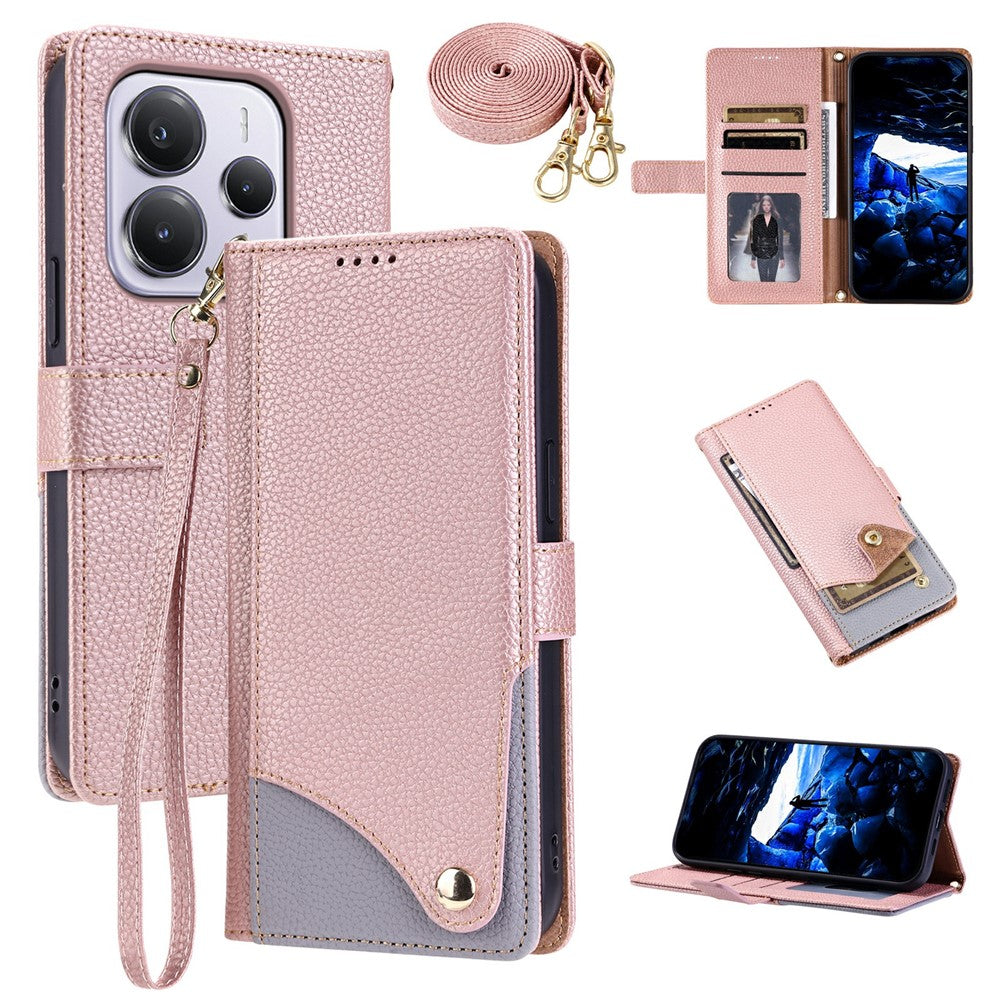 For Xiaomi Redmi Note 14 5G  /  Poco M7 Pro 5G Leather Case with Wrist Strap and Shoulder Strap Dual Color Multi Card Slots Phone Cover