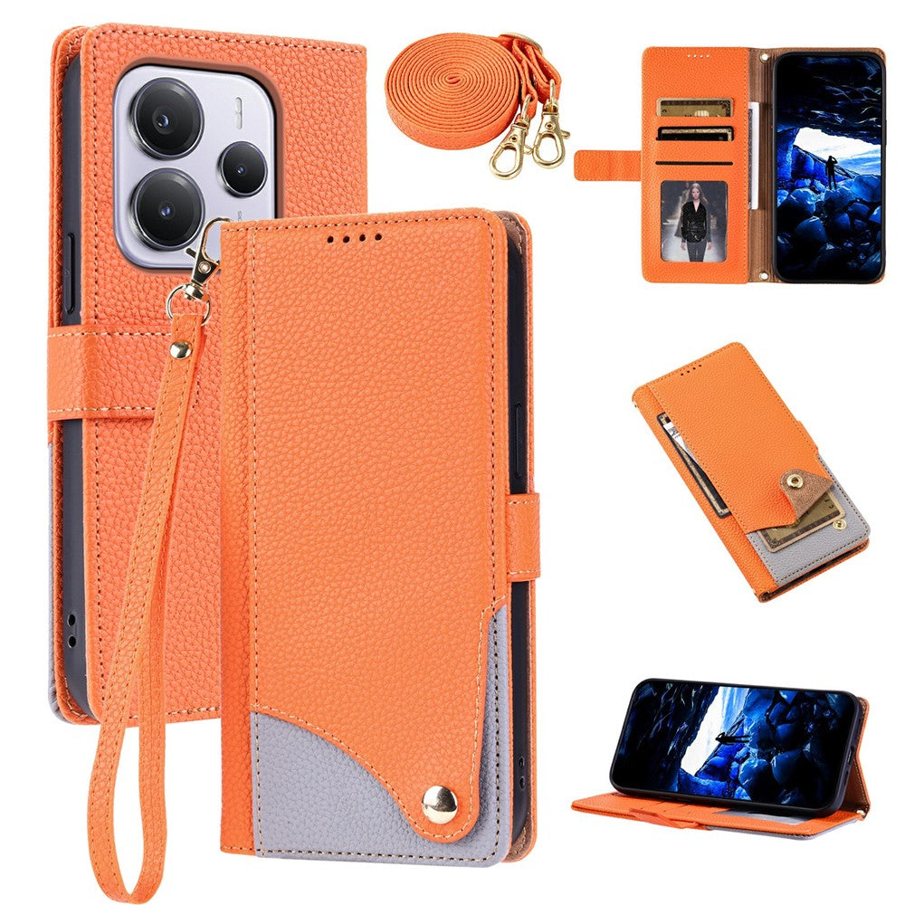 For Xiaomi Redmi Note 14 5G  /  Poco M7 Pro 5G Leather Case with Wrist Strap and Shoulder Strap Dual Color Multi Card Slots Phone Cover