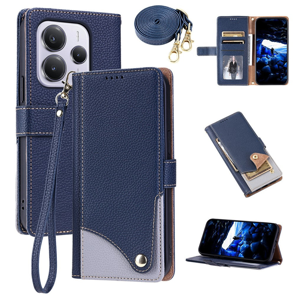 For Xiaomi Redmi Note 14 5G  /  Poco M7 Pro 5G Leather Case with Wrist Strap and Shoulder Strap Dual Color Multi Card Slots Phone Cover