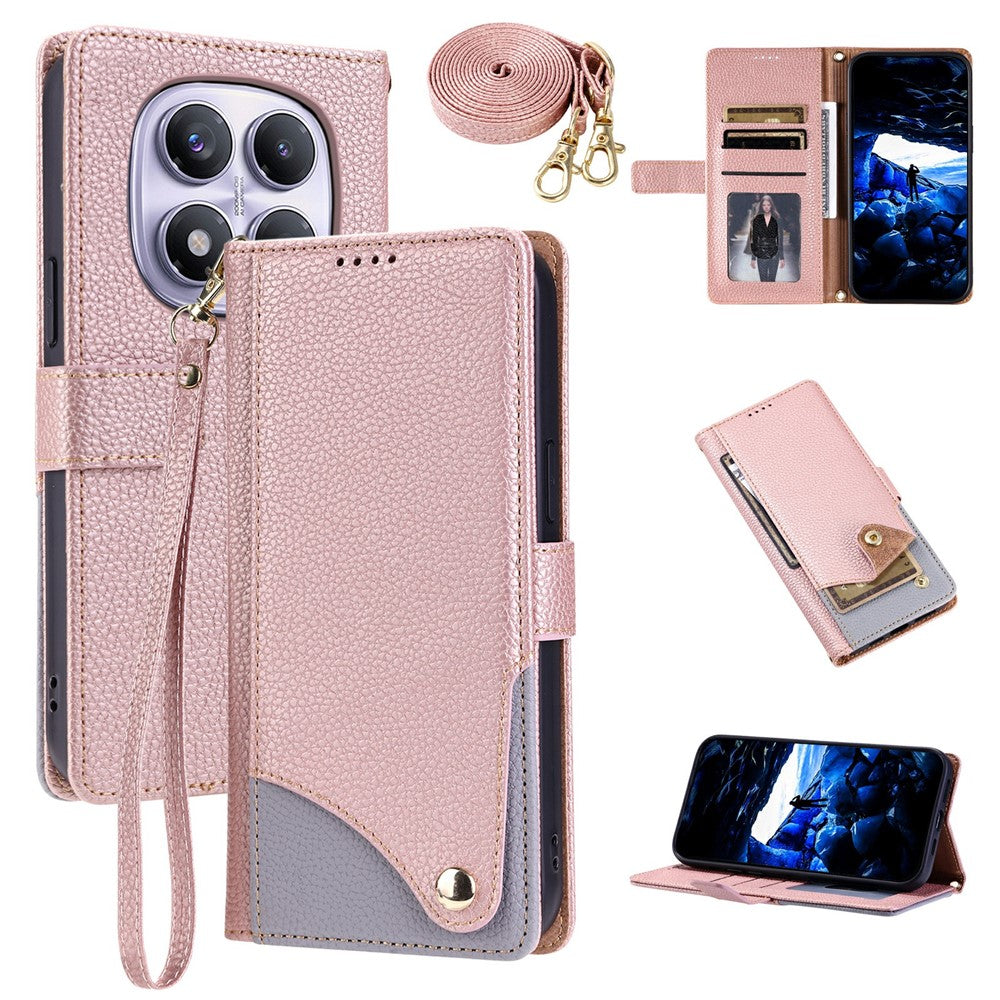 For Xiaomi Redmi Note 14 Pro 4G Leather Case with Wrist Strap and Shoulder Strap Dual Color Multi Card Slots Phone Cover
