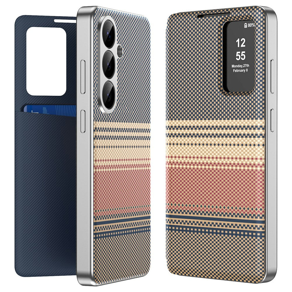 For Samsung Galaxy S26 FE Smart View Window Flip Case Gradient Checkered Pattern PU Leather Phone Cover with Card Slot