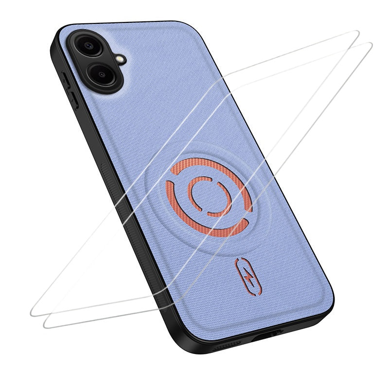 WANLONFENG for Samsung Galaxy A06 4G KJB1 Series Magnetic Case with 2Pcs Tempered Glass Screen Protector Tech Fabric Texture PC+TPU Phone Cover
