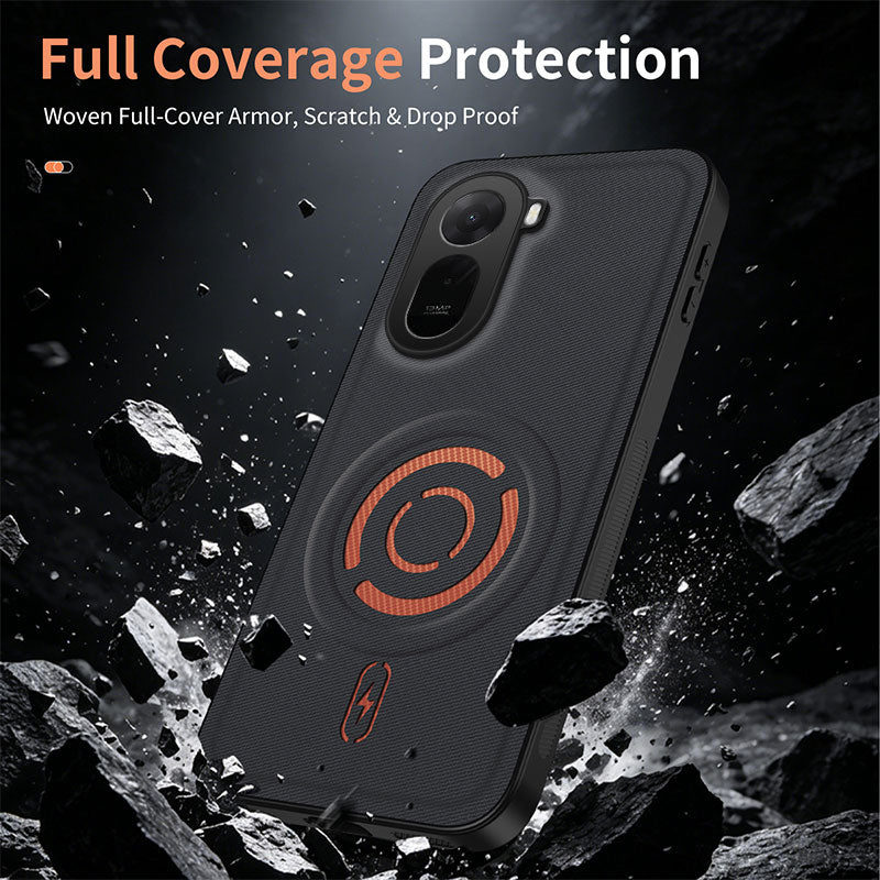 WANLONFENG for Xiaomi Redmi A7 Pro 4G (171.56mm) / Xiaomi Poco C85x 5G KJB1 Series Magnetic Case with 2Pcs Tempered Glass Screen Protector Tech Fabric Texture PC+TPU Phone Cover