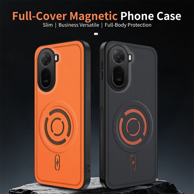 WANLONFENG for Xiaomi Redmi A7 Pro 4G (171.56mm) / Xiaomi Poco C85x 5G KJB1 Series Magnetic Case with 2Pcs Tempered Glass Screen Protector Tech Fabric Texture PC+TPU Phone Cover