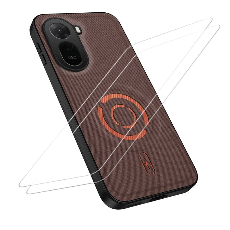 WANLONFENG for Xiaomi Redmi A7 Pro 4G (171.56mm) / Xiaomi Poco C85x 5G KJB1 Series Magnetic Case with 2Pcs Tempered Glass Screen Protector Tech Fabric Texture PC+TPU Phone Cover