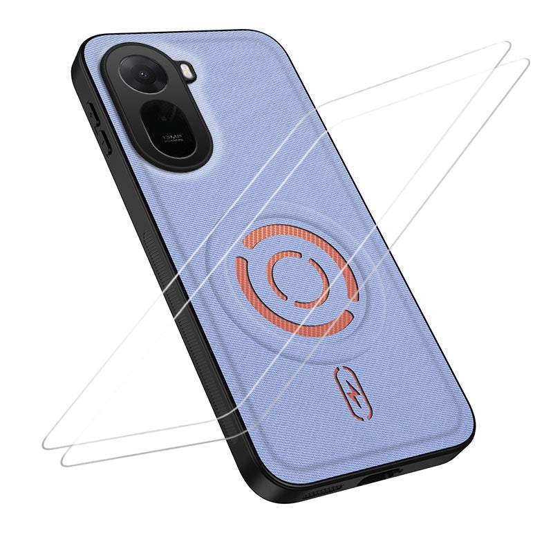 WANLONFENG for Xiaomi Redmi A7 Pro 4G (171.56mm) / Xiaomi Poco C85x 5G KJB1 Series Magnetic Case with 2Pcs Tempered Glass Screen Protector Tech Fabric Texture PC+TPU Phone Cover