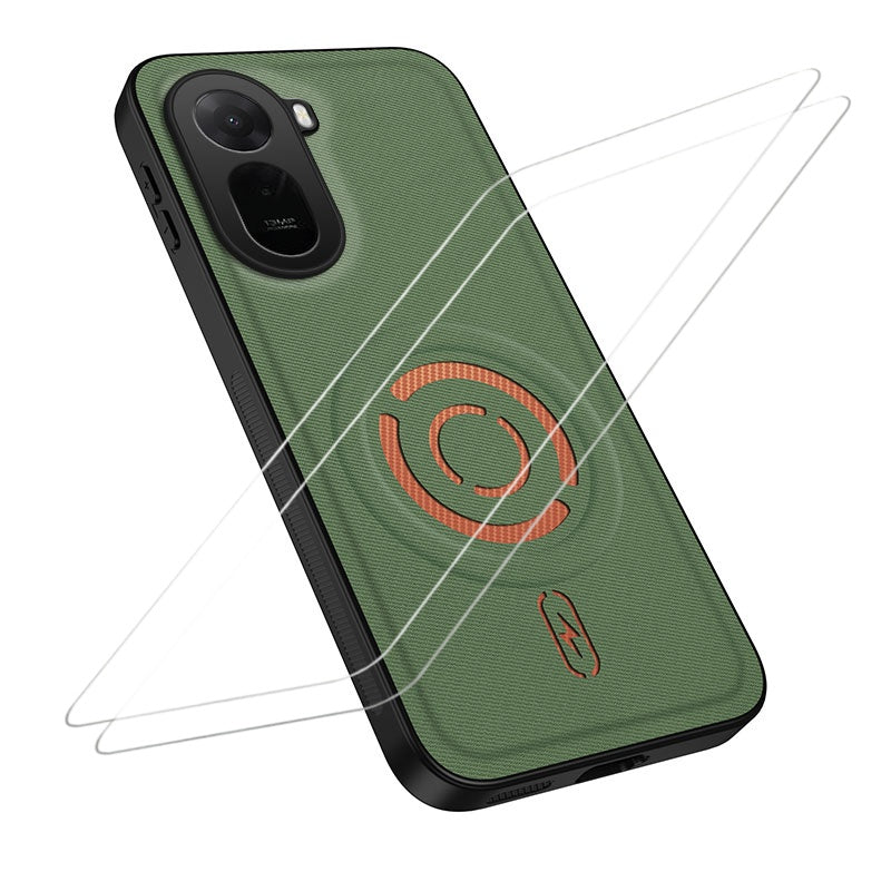 WANLONFENG for Xiaomi Redmi A7 Pro 4G (171.56mm) / Xiaomi Poco C85x 5G KJB1 Series Magnetic Case with 2Pcs Tempered Glass Screen Protector Tech Fabric Texture PC+TPU Phone Cover