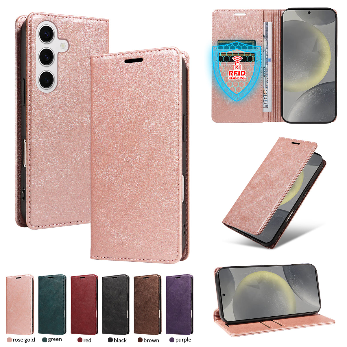 For Samsung Galaxy S25 Wallet Case RFID Blocking Card Slots Stand Magnetic Closure Leather Phone Cover