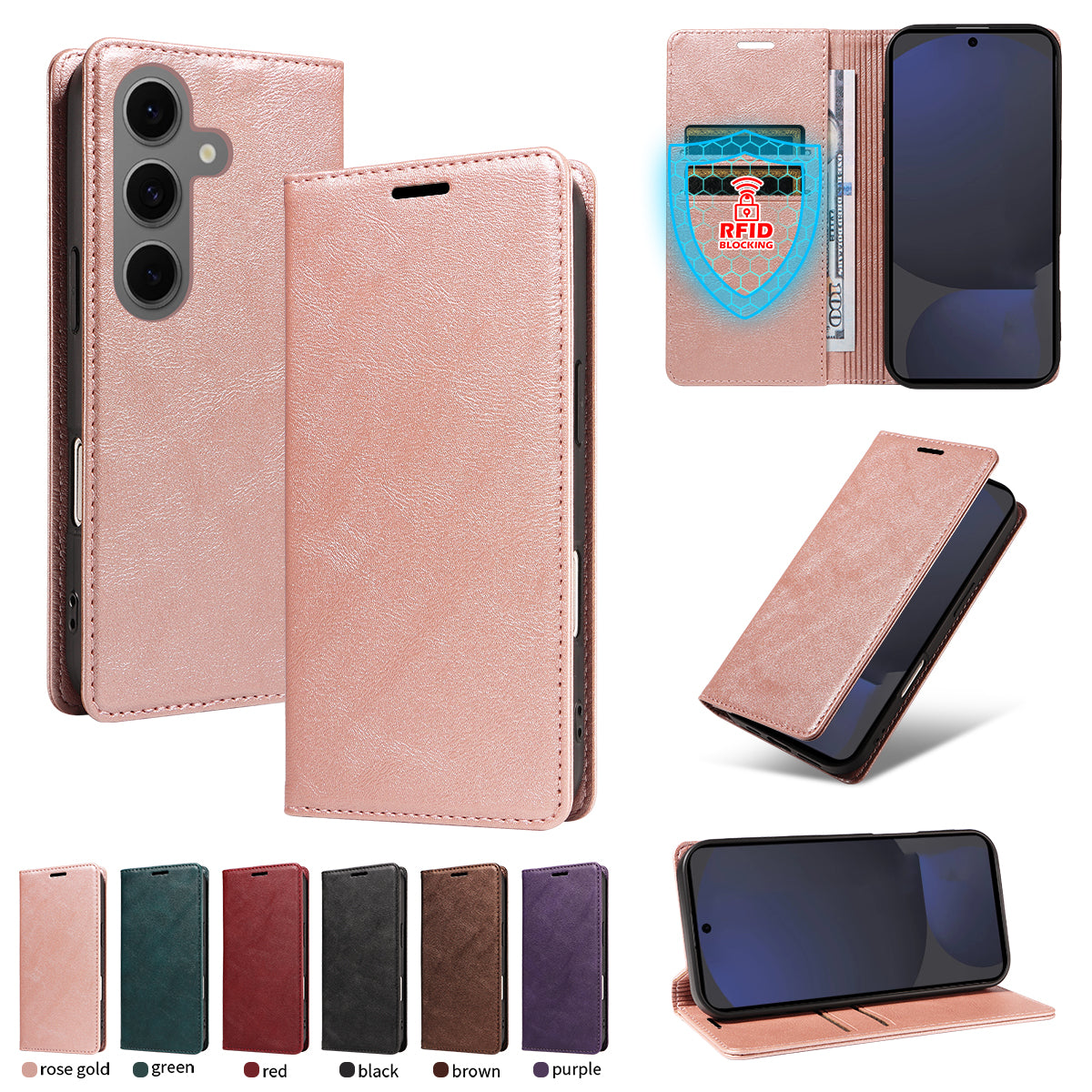 Til Samsung Galaxy S25+ Pung Etui RFID Blokerende Kortpladser Stativ Magnetisk Lukning Læder Telefoncover