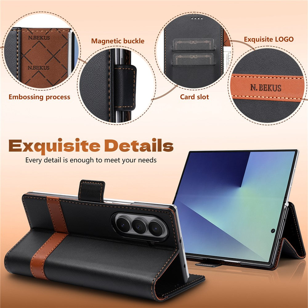 N.BEKUS P5-serien för Samsung Galaxy Z Fold7 5G plånboksfodral med tvåfärgade sömmar i PU-läder, stativ, mobilfodral