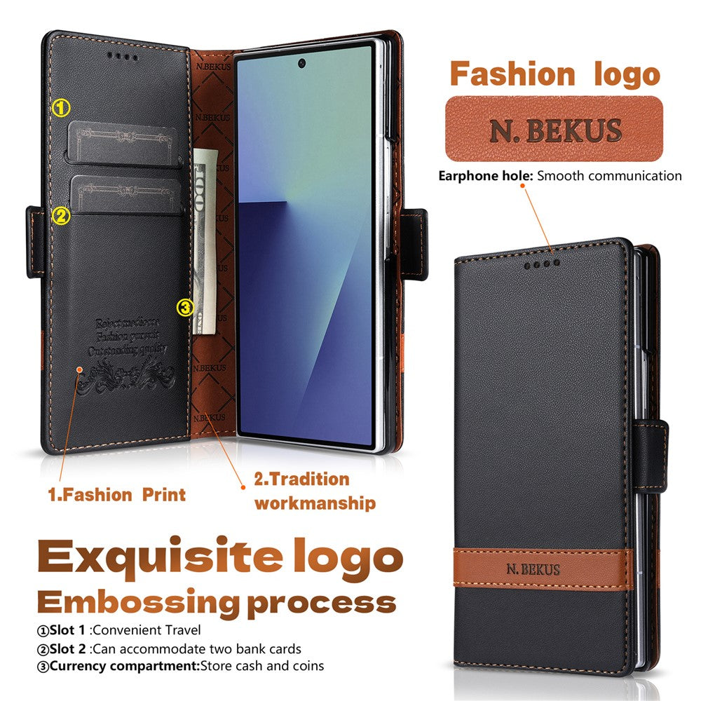 N.BEKUS P5-serien för Samsung Galaxy Z Fold7 5G plånboksfodral med tvåfärgade sömmar i PU-läder, stativ, mobilfodral