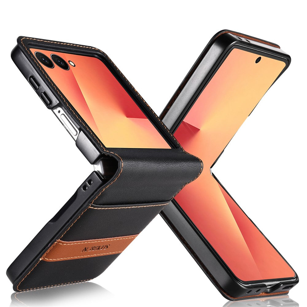 N.BEKUS P5-serien för Samsung Galaxy Z Flip8-skal i läder med tvåfärgade sömmar och RFID-blockerande kortplats
