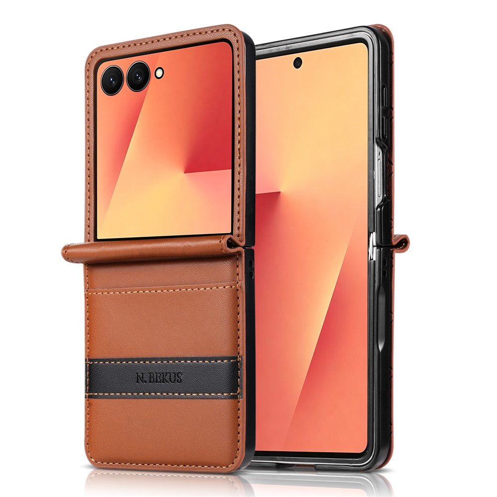 N.BEKUS P5-serien för Samsung Galaxy Z Flip8-skal i läder med tvåfärgade sömmar och RFID-blockerande kortplats