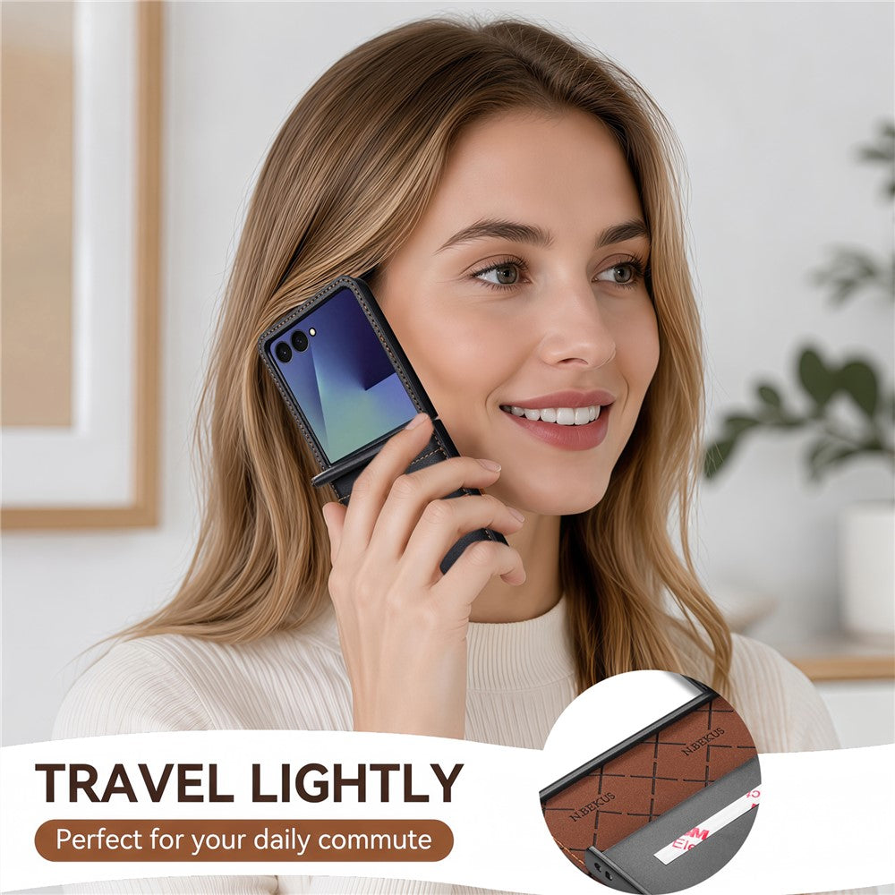 N.BEKUS P5-serien för Samsung Galaxy Z Flip7 5G-skal i läder med tvåfärgade sömmar och RFID-blockerande kortplats