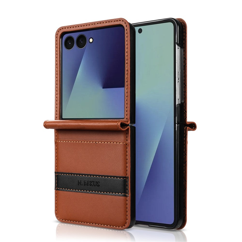 N.BEKUS P5-serien för Samsung Galaxy Z Flip7 5G-skal i läder med tvåfärgade sömmar och RFID-blockerande kortplats