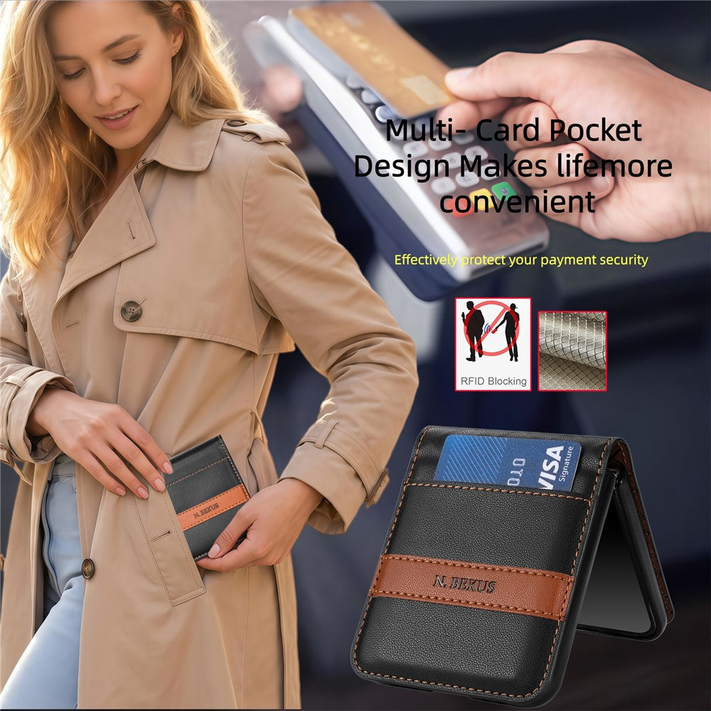N.BEKUS P5-serien för Samsung Galaxy Z Flip7 FE 5G / Galaxy Z Flip6 5G-skal i läder med tvåfärgade sömmar och RFID-blockerande kortplats