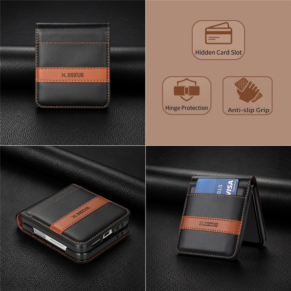 N.BEKUS P5-serien för Samsung Galaxy Z Flip7 FE 5G / Galaxy Z Flip6 5G-skal i läder med tvåfärgade sömmar och RFID-blockerande kortplats