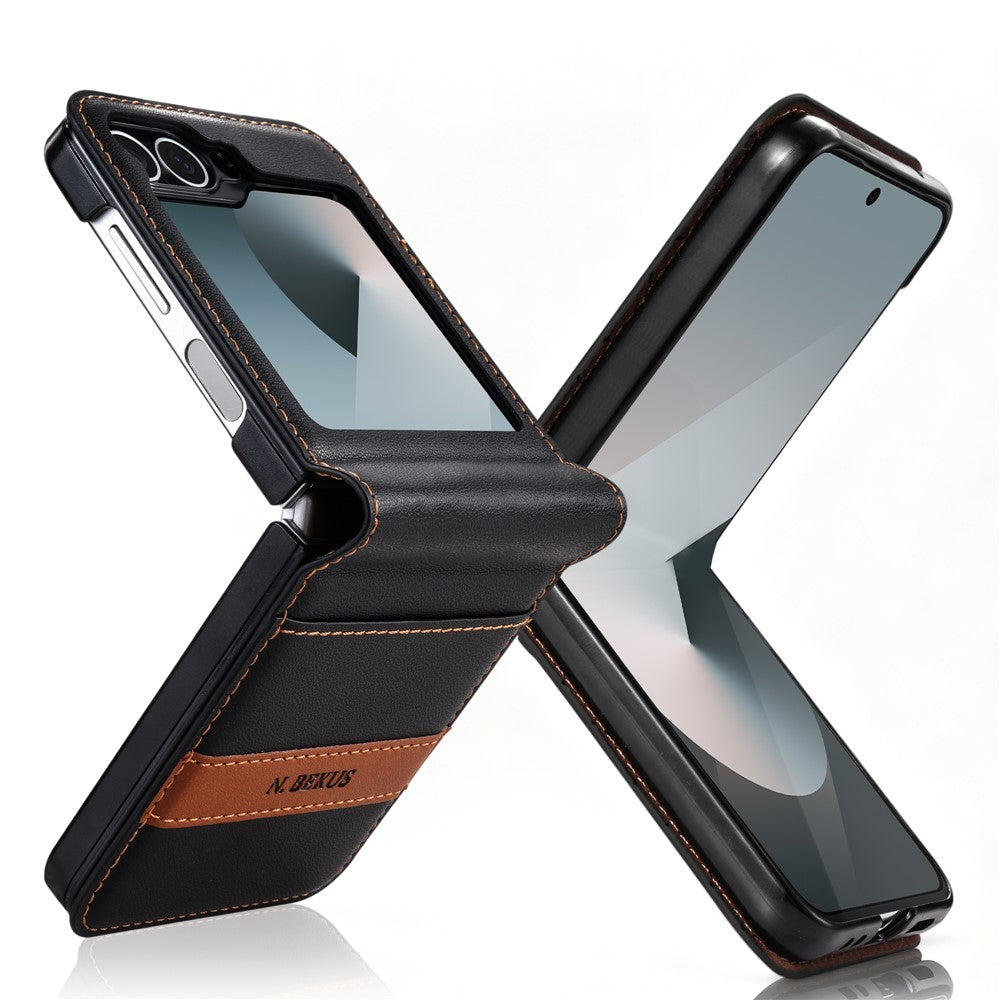 N.BEKUS P5-serien för Samsung Galaxy Z Flip7 FE 5G / Galaxy Z Flip6 5G-skal i läder med tvåfärgade sömmar och RFID-blockerande kortplats