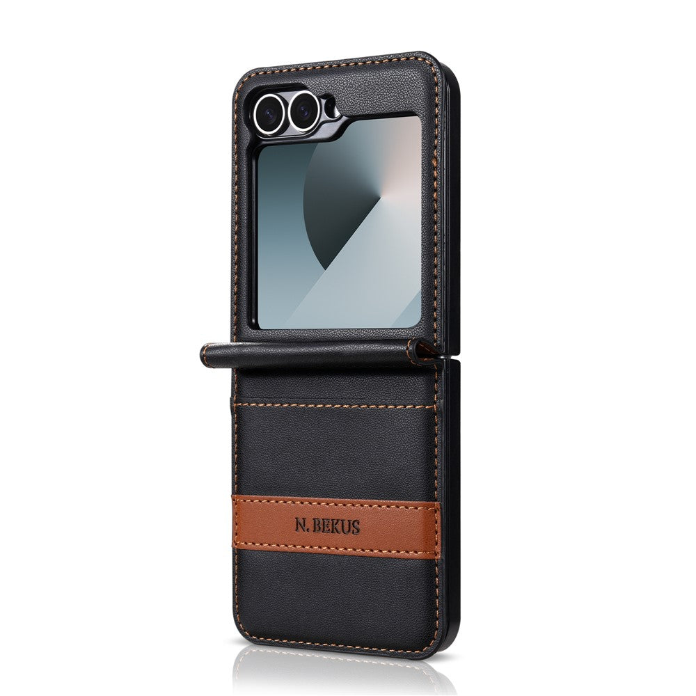 N.BEKUS P5-serien för Samsung Galaxy Z Flip7 FE 5G / Galaxy Z Flip6 5G-skal i läder med tvåfärgade sömmar och RFID-blockerande kortplats