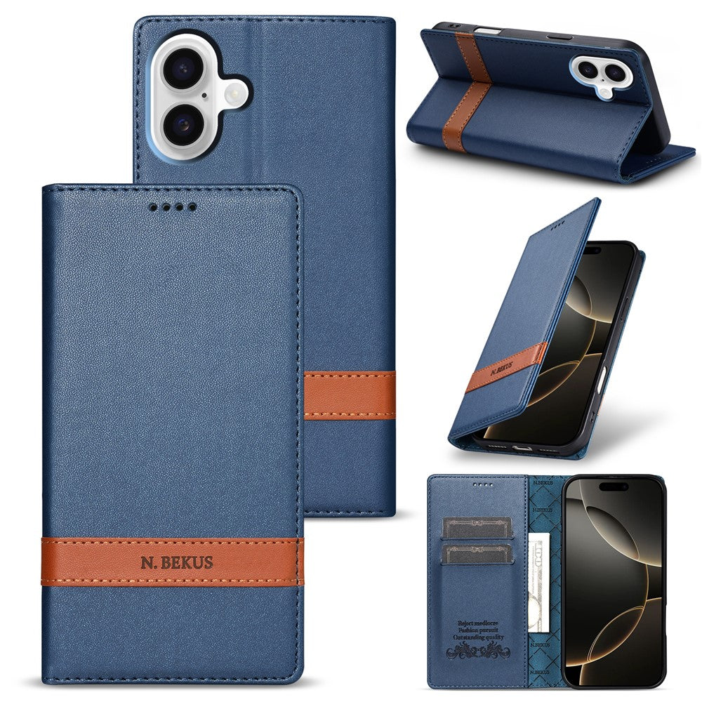 N.BEKUS P5 Series for iPhone 16 Leather Case Dual Color Stitching RFID Blocking Wallet Phone Cover