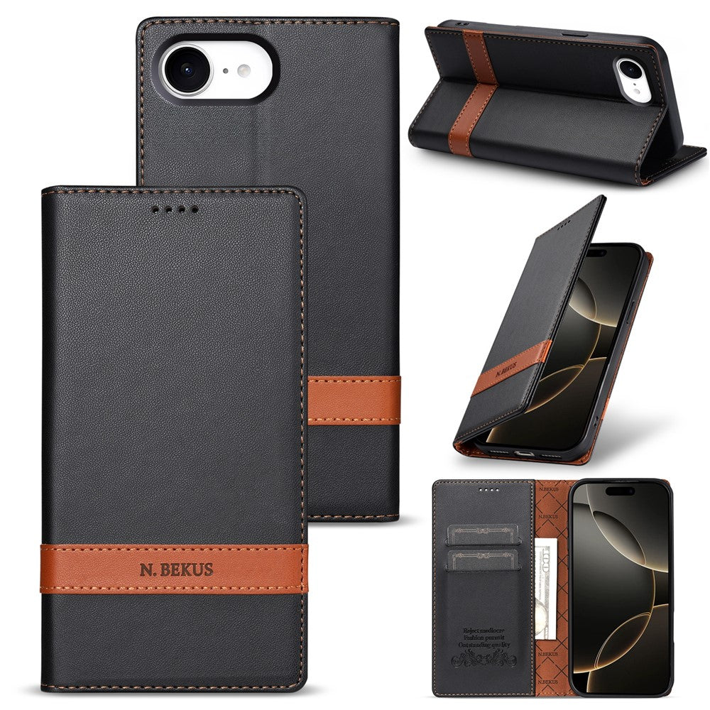 N.BEKUS P5 Series for iPhone 17e  /  16e Leather Case Dual Color Stitching RFID Blocking Wallet Phone Cover