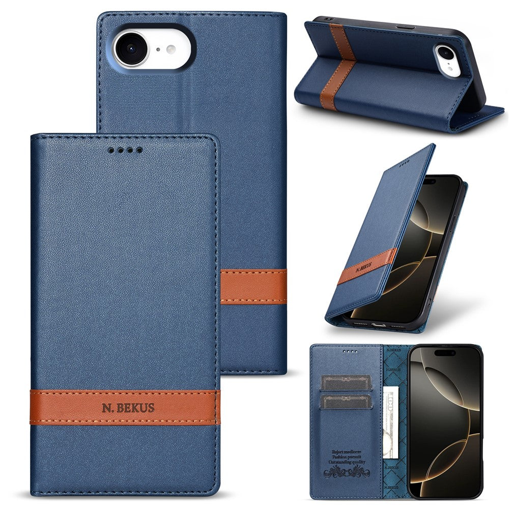 N.BEKUS P5 Series for iPhone 17e  /  16e Leather Case Dual Color Stitching RFID Blocking Wallet Phone Cover