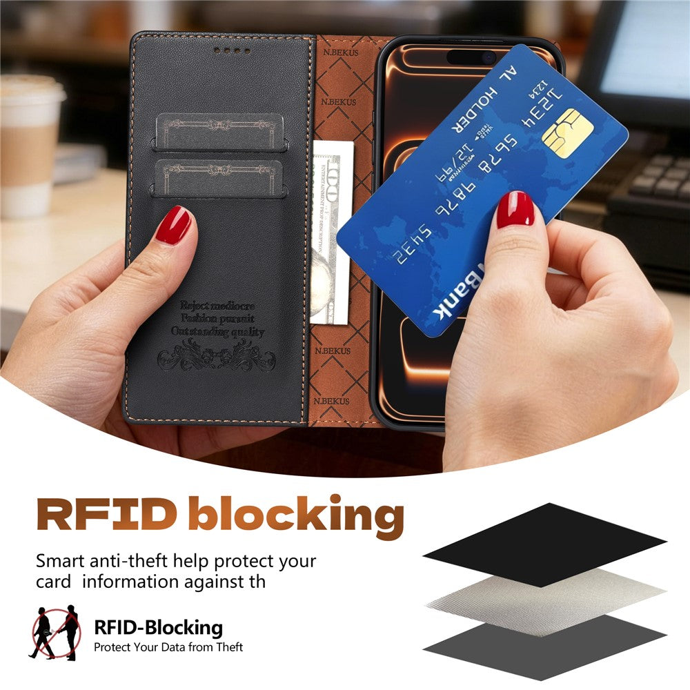 N.BEKUS P5 Series for iPhone 15 Pro Leather Case Dual Color Stitching RFID Blocking Wallet Phone Cover