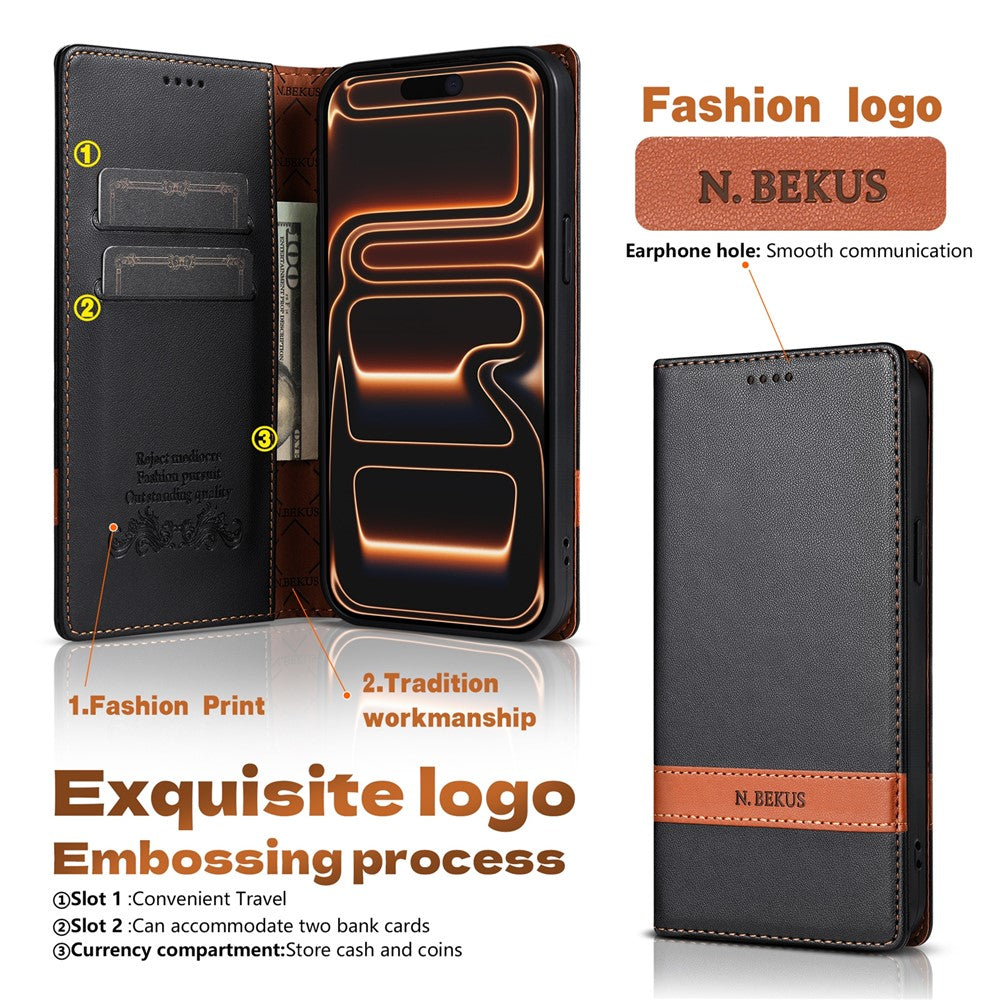 N.BEKUS P5 Series for iPhone 15 Pro Leather Case Dual Color Stitching RFID Blocking Wallet Phone Cover