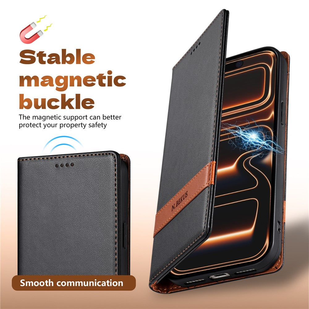 N.BEKUS P5 Series for iPhone 15 Pro Leather Case Dual Color Stitching RFID Blocking Wallet Phone Cover