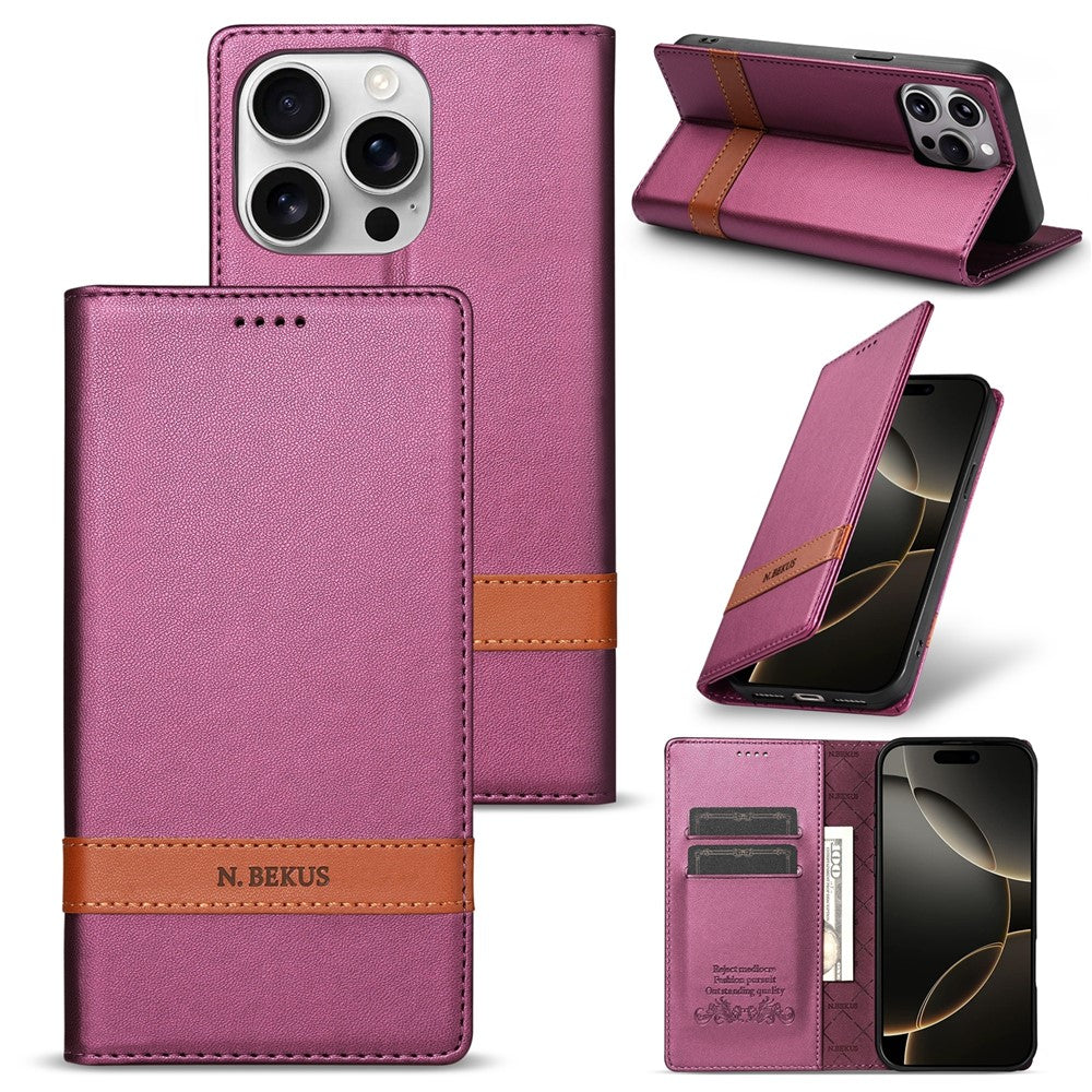 N.BEKUS P5 Series for iPhone 15 Pro Leather Case Dual Color Stitching RFID Blocking Wallet Phone Cover