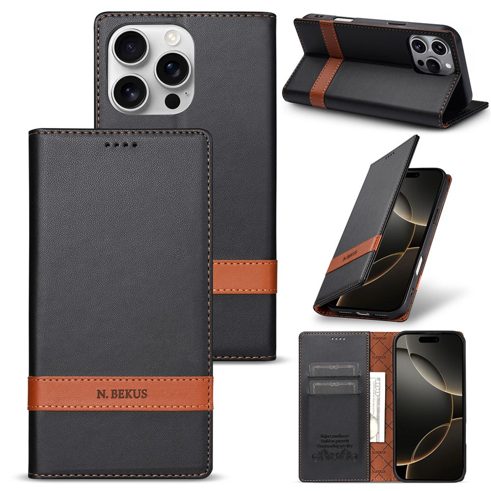 N.BEKUS P5 Series til iPhone 16 Pro Max Lædercover Dual Color Stitching RFID-blokerende Wallet Telefoncover