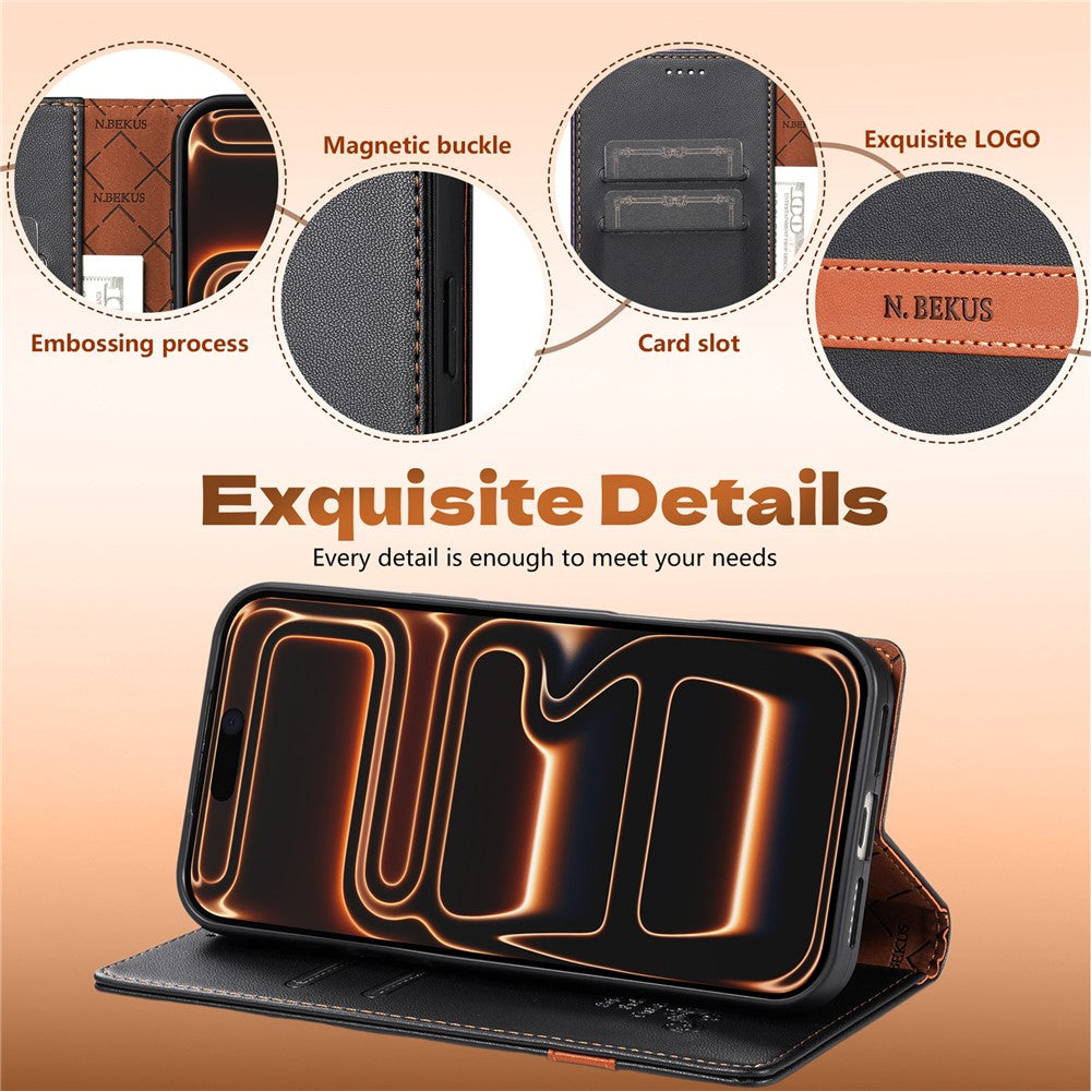 N.BEKUS P5 Series til iPhone 16 Pro Max Lædercover Dual Color Stitching RFID-blokerende Wallet Telefoncover