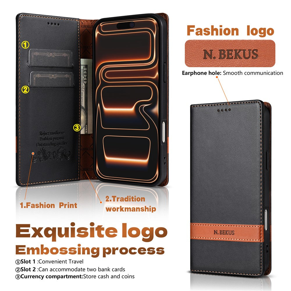 N.BEKUS P5 Series til iPhone 16 Pro Max Lædercover Dual Color Stitching RFID-blokerende Wallet Telefoncover