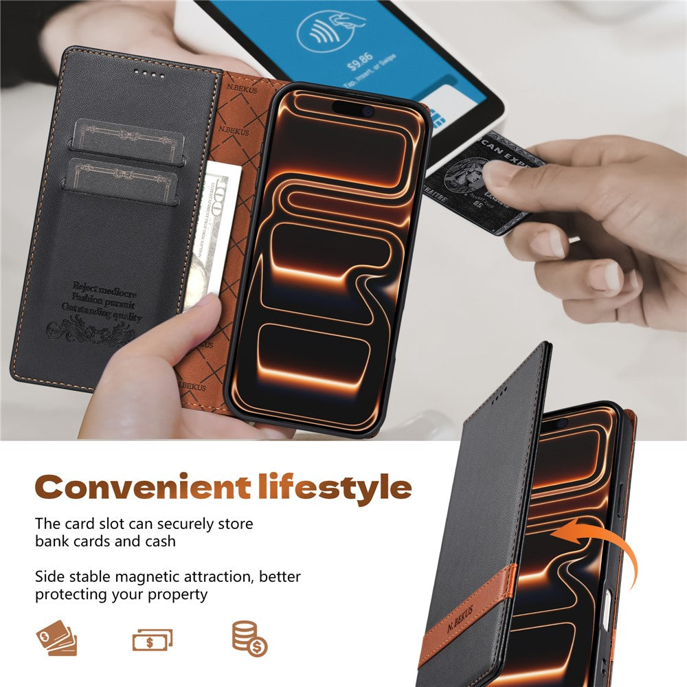 N.BEKUS P5 Series til iPhone 16 Pro Max Lædercover Dual Color Stitching RFID-blokerende Wallet Telefoncover