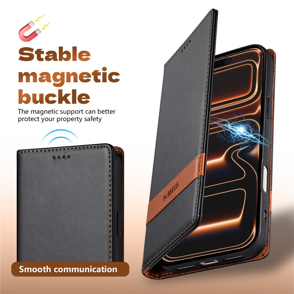 N.BEKUS P5 Series til iPhone 16 Pro Max Lædercover Dual Color Stitching RFID-blokerende Wallet Telefoncover