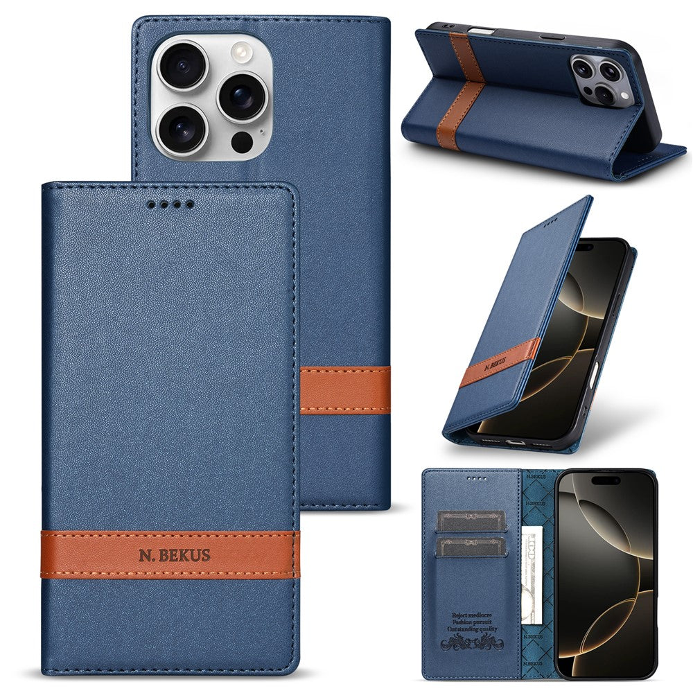 N.BEKUS P5 Series til iPhone 16 Pro Max Lædercover Dual Color Stitching RFID-blokerende Wallet Telefoncover