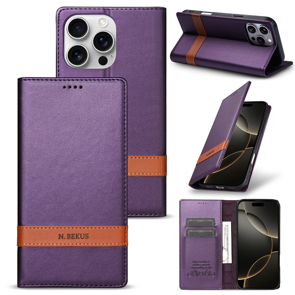 N.BEKUS P5 Series til iPhone 16 Pro Max Lædercover Dual Color Stitching RFID-blokerende Wallet Telefoncover