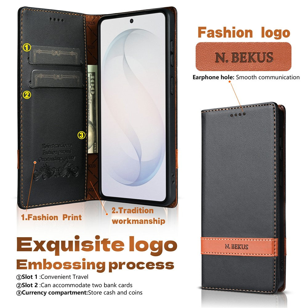 N.BEKUS P5 Series for Samsung Galaxy S25 Leather Case Dual Color Stitching RFID Blocking Wallet Phone Cover