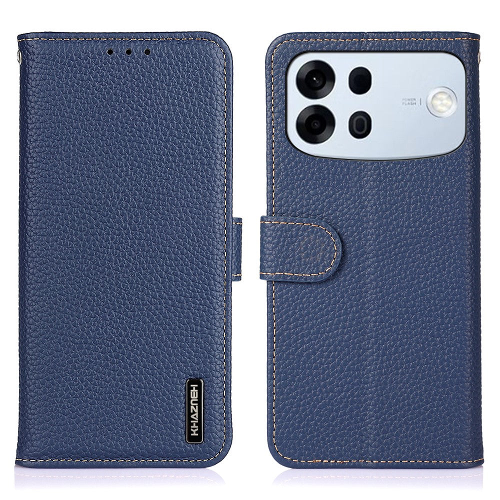 KHAZNEH Plånboksfodral för Oppo A7 Pro Max 5G Litchi-textur Äkta Kohud Läder Flip Mobilskal