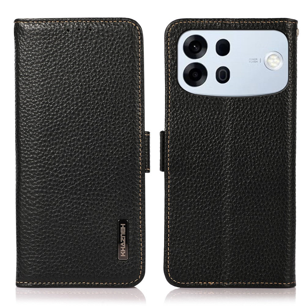 KHAZNEH til Oppo A7 Pro Max 5G telefoncover Litchi tekstur ægte ko læder cover RFID-blokerende