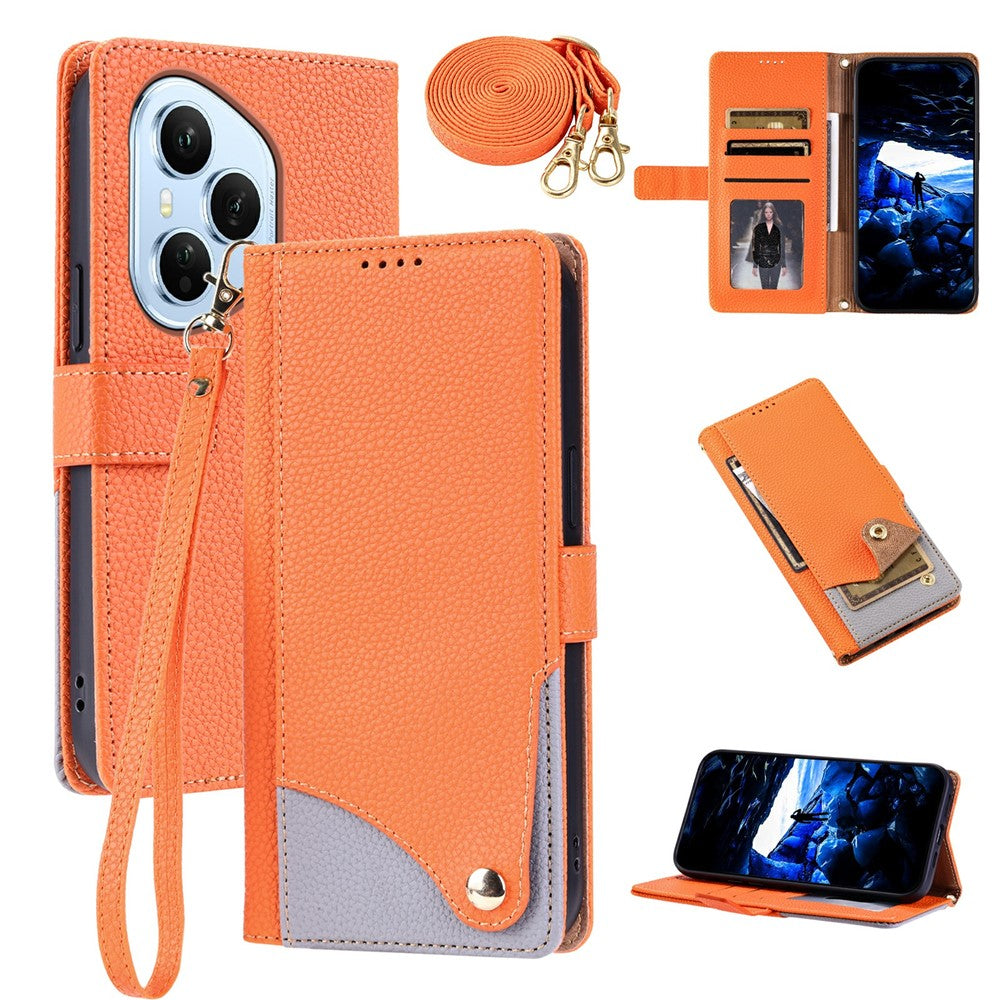 For Honor 400 Pro 5G (Global) Leather Case with Wrist Strap and Shoulder Strap Dual Color Multi Card Slots Phone Cover