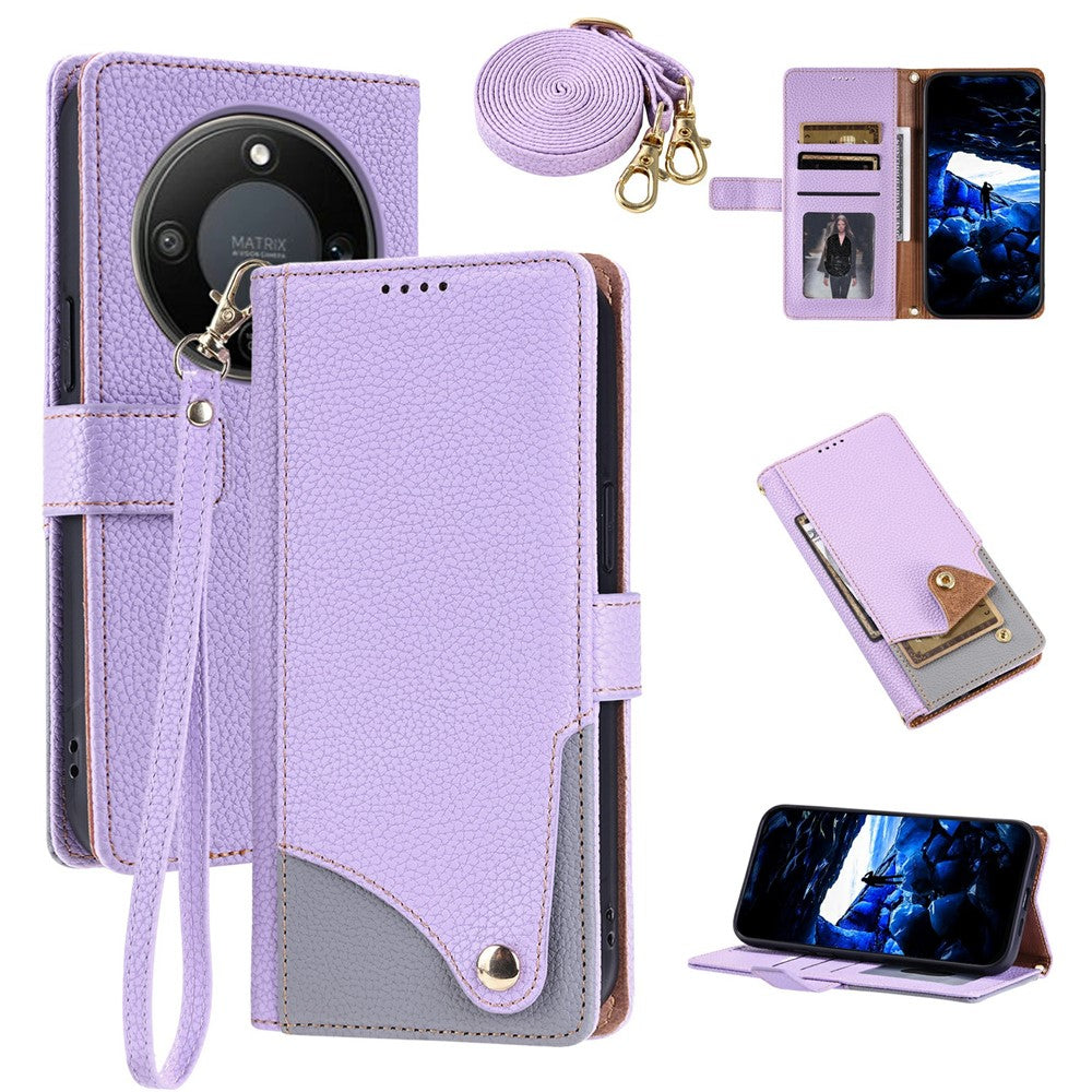 For Honor X70 5G  /  X9d 5G  /  Magic8 Lite 5G Leather Case with Wrist Strap and Shoulder Strap Dual Color Multi Card Slots Phone Cover