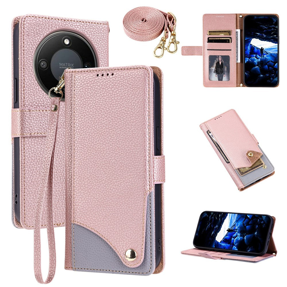 For Honor X70 5G  /  X9d 5G  /  Magic8 Lite 5G Leather Case with Wrist Strap and Shoulder Strap Dual Color Multi Card Slots Phone Cover