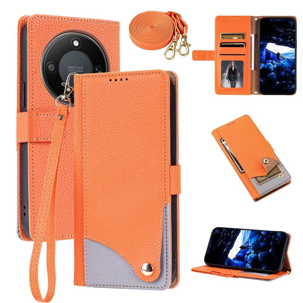 For Honor X70 5G  /  X9d 5G  /  Magic8 Lite 5G Leather Case with Wrist Strap and Shoulder Strap Dual Color Multi Card Slots Phone Cover