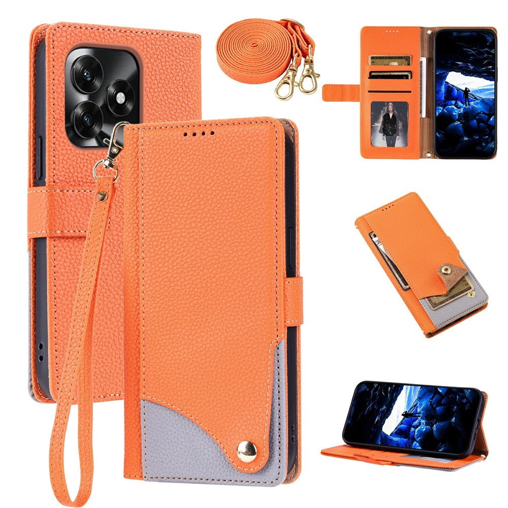 For Honor X5c 4G  /  X5c Plus 4G  /  Play10A 4G Leather Case with Wrist Strap and Shoulder Strap Dual Color Multi Card Slots Phone Cover