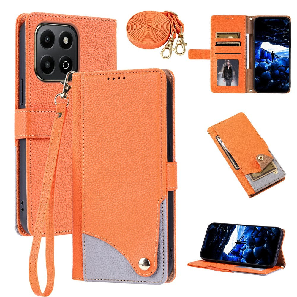 For Honor X7c 4G  /  X7c 5G  /  Play 60 Plus 5G  /  200 Smart 5G Leather Case with Wrist Strap and Shoulder Strap Dual Color Multi Card Slots Phone Cover