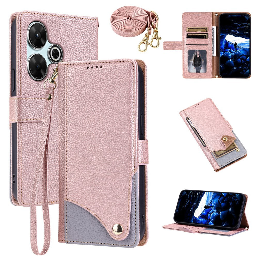 Xiaomi Redmi Note 13R 5G / Redmi 13 4G / Redmi 13 5G / Poco M6 4G / Poco M6 Plus 5G Läderfodral med Handledsrem och Axelrem Tvåfärgat mobilfodral med Flera Kortfatt