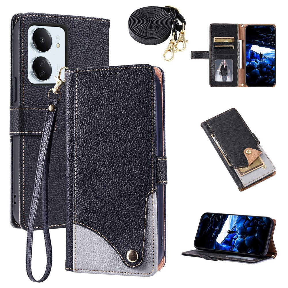 Xiaomi Redmi 13C 4G / Redmi 13C 5G / Poco C65 4G / Redmi 13R 5G / Poco M6 5G Läderfodral med handledsrem och axelrem Tvåfärgat mobilfodral med flera kortplatser