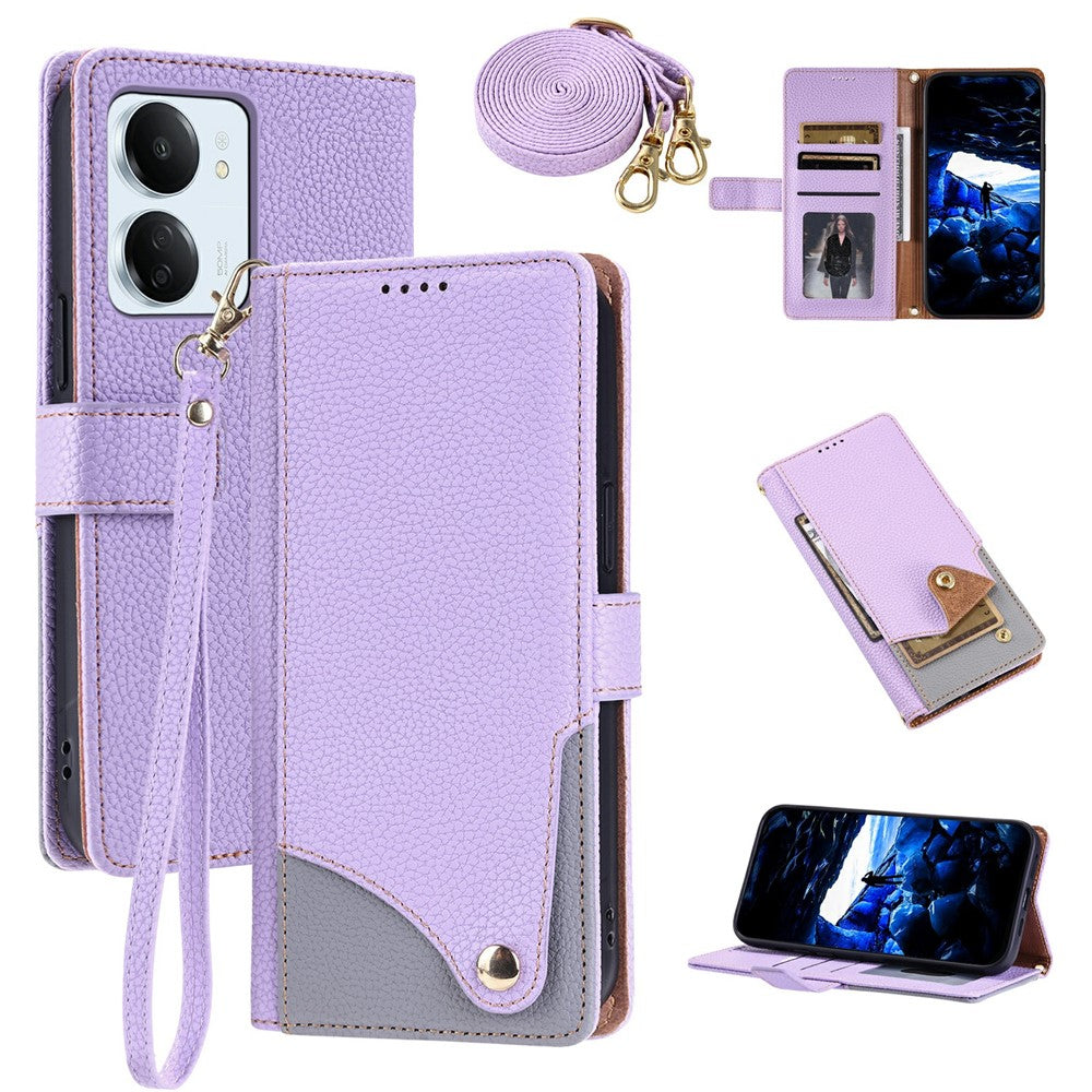 Xiaomi Redmi 13C 4G / Redmi 13C 5G / Poco C65 4G / Redmi 13R 5G / Poco M6 5G Läderfodral med handledsrem och axelrem Tvåfärgat mobilfodral med flera kortplatser